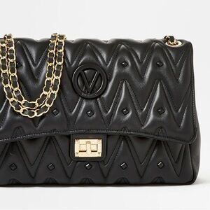 Valentino By Mario Valentino Posh Diamond Black and Gold Quilted Shoulder Bag